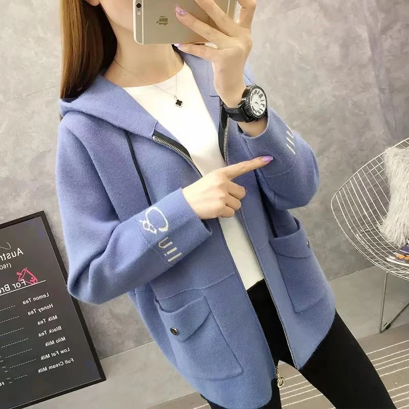 2024 New Thick Sweater Coat Autumn Winter Korean Loose Hooded Zipper Knitted Cardigan Imitation Mink Velvet Sweater Jacket