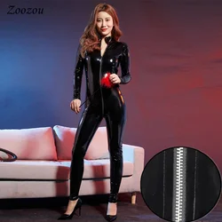 Women Sexy PU Patent Leather Jumpsuits Latex Catsuit Exotic Open Crotch Stage Performance Costume Black Erotic Bodysuits Rompers