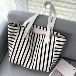 Summer Ladeis Striped Canvas Tote Handbag Retro Shopping Beach Simple Shoulder Bag Casual Vacation Commuter Bag