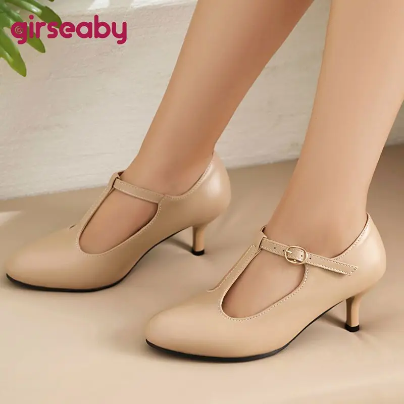 

Бренд Girseaby 2025 Офисные женские туфли-лодочки с круглым носком на тонком каблуке 6 см, пряжка с Т-образным ремешком, большие размеры 41 42 43 Классическая женская обувь для свиданий