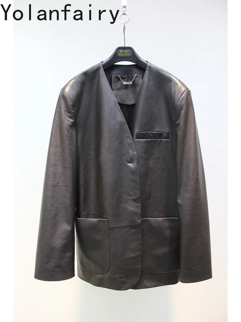 YOLANFAIRY 2026 New Retro Vegetable Tanned Genuine Sheepskin Leather Jacket Women V Neck Oversized Real Leather Coat Outerwear