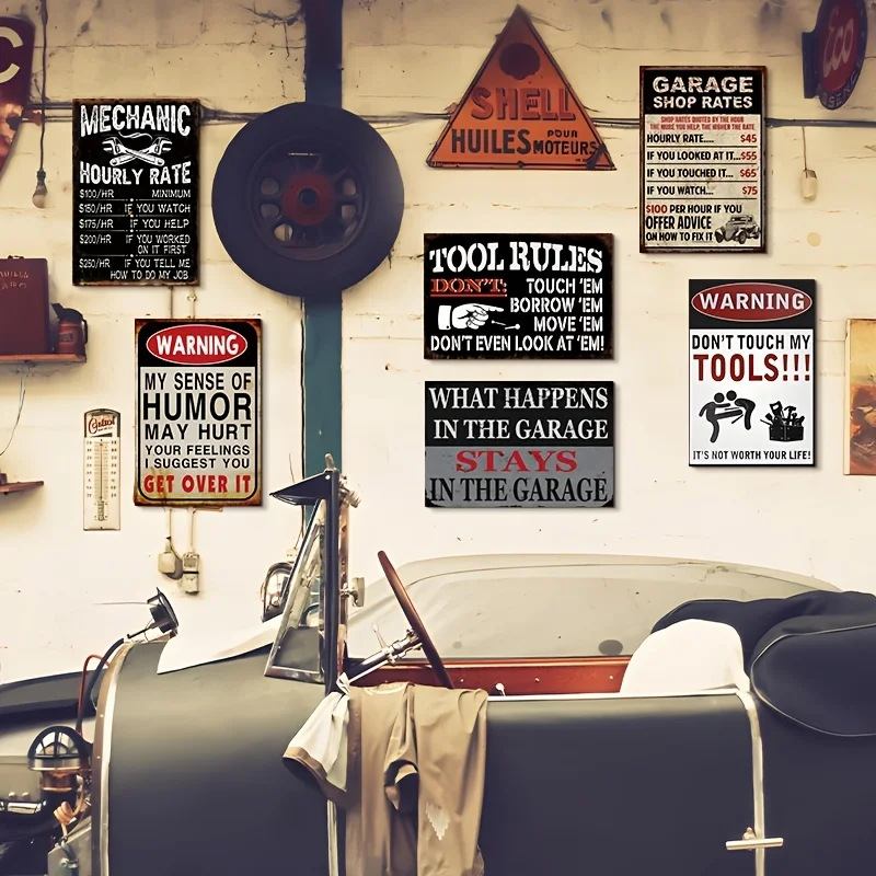 Decorative Sign And Plaque 6pcs Man Cave Mechanic, My Sense of Humor May Hurt Tool Rules Sign, Garage Shop Rates for Vintage Gar