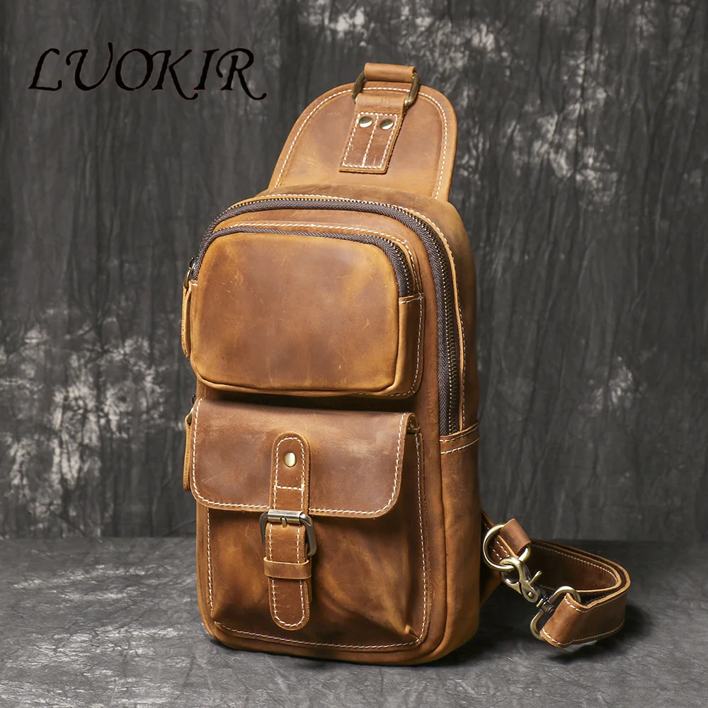 LUOKIR Vintage Men's Cowhide Chest Bag, Outdoor Sports Large Capacity Single Shoulder Cross Body Bag, Genuine Leather Men's Bag