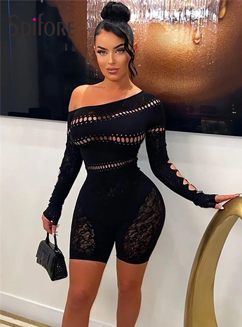 

Spifore Long Sleeve Hollow Out Women Playsuit Black Knitted See Through Strecth Rompers High Waist Bodycon Party Club Bodysuit