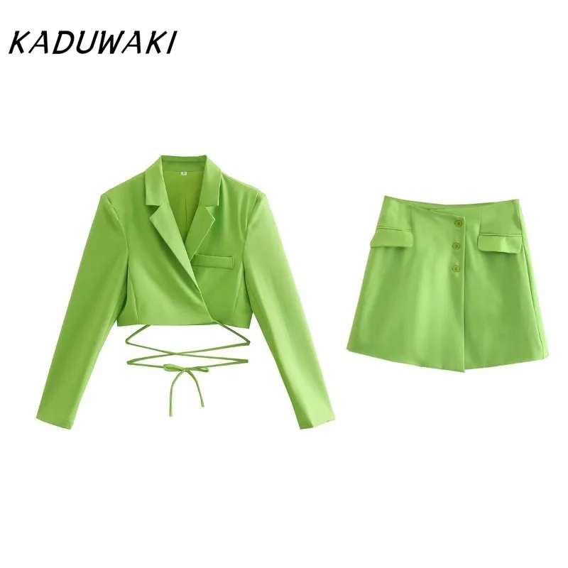 

KADUWAKI Fashion Pure Colour Short Lacing Top Pocket Decoration Mini Skirt Suit Temperament Elegant Women's Clothing 2pcs Платье