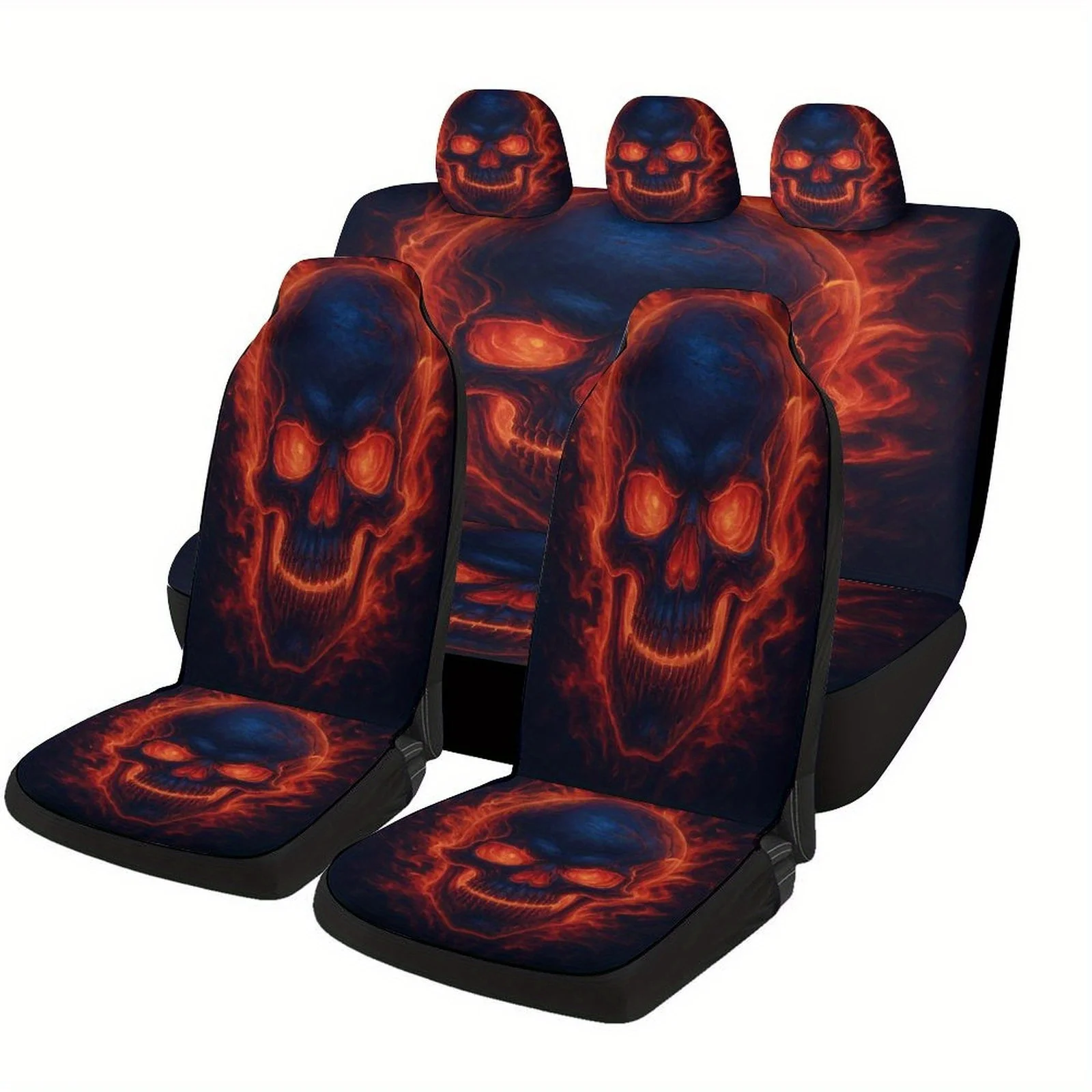 Fiery Skull Ablaze Themed Car Seat Cover Set For Most Cars, Fashionable Novelty Car Seat Protector Covers Full Set, Universal Ca