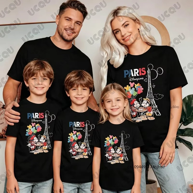 

2026 New Mickey and Minnie Eiffel Tower Family Print Cotton T-shirt For Parent-Child Summer Kids/Adult Tees Casual Sports Tops