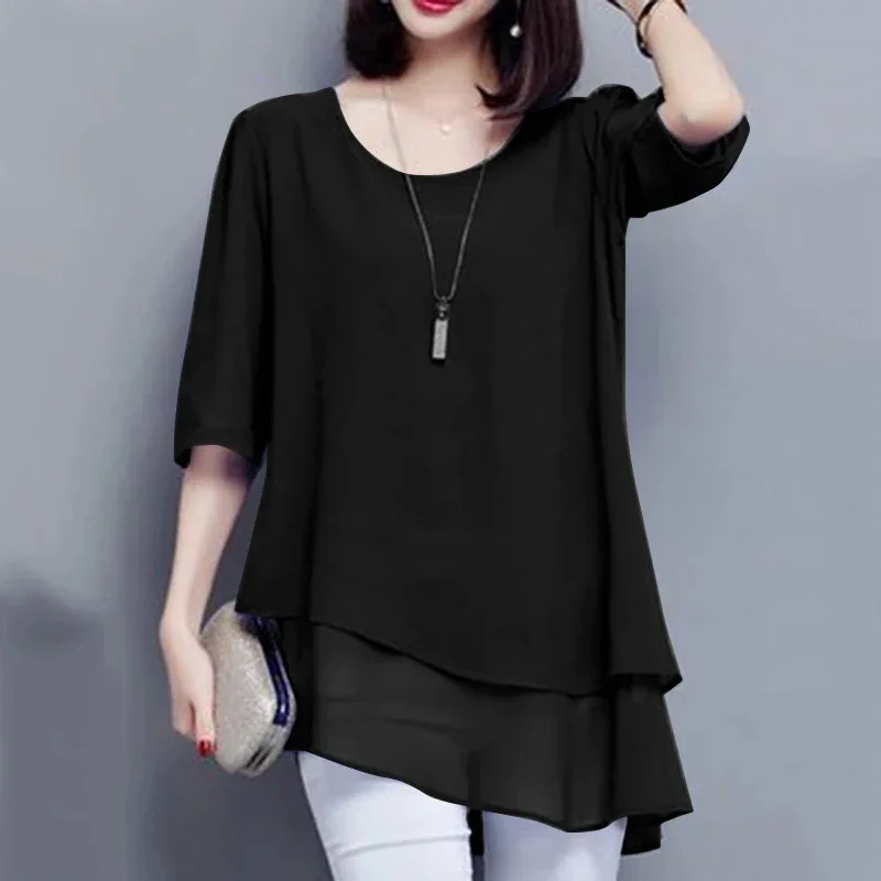 

Black O Chiffon Blouse Fashion Double Layer Blouse New Irregular 20254 Casual Top 3 Women's Sleeve Collar