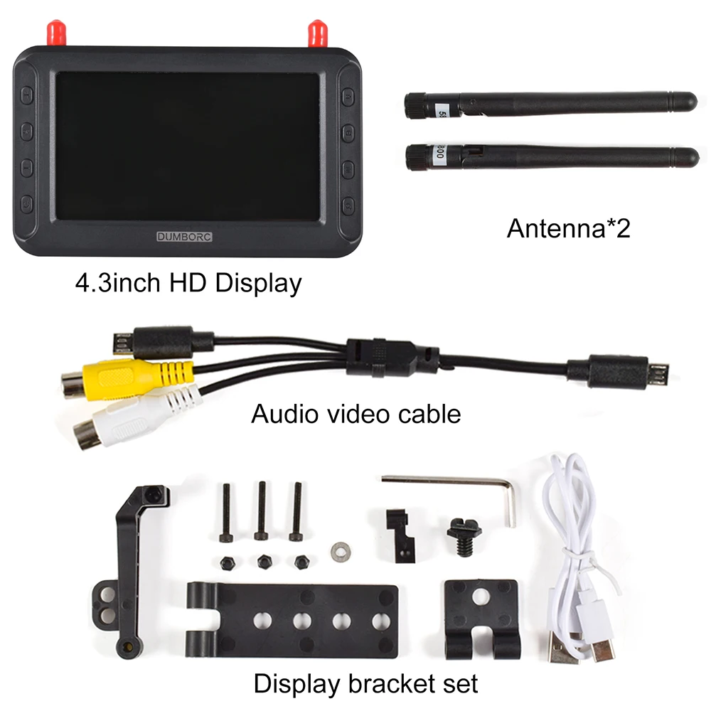 DUMBORC 4.3-inch FPV HD Display 5.8G Image Transmission Dual Antenna for RC Car Ship Drone
