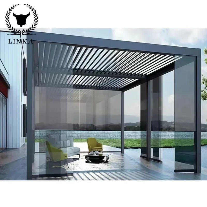 Motorized Aluminum Waterproof Pergola Covers Sunshade Louvered Roof Gazebo With LouvresOutdoor Villa Courtyard Garden Balcony