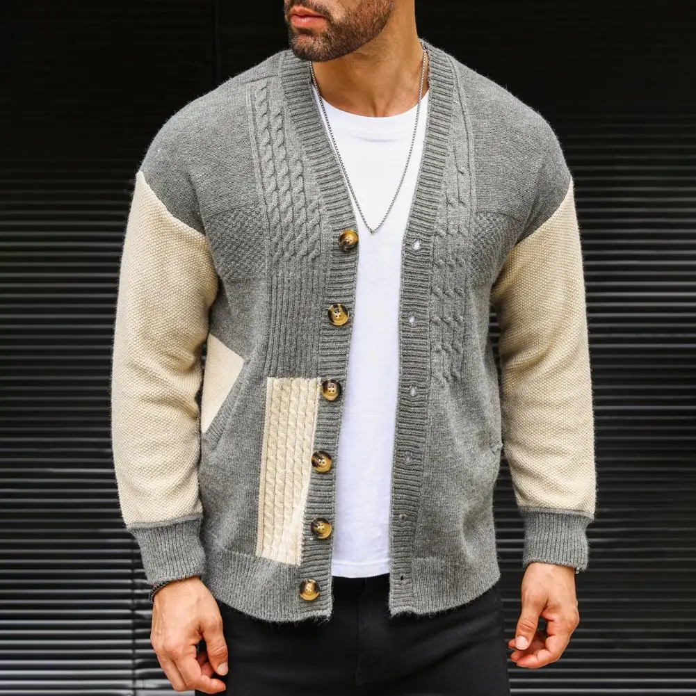 Men Color-blocked Cardigan Jacket Men's Colorblock Knitted Sweater Coat with Pockets V Neck Single-breasted Thick for Fall