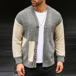 Men Color-blocked Cardigan Jacket Men's Colorblock Knitted Sweater Coat with Pockets V Neck Single-breasted Thick for Fall