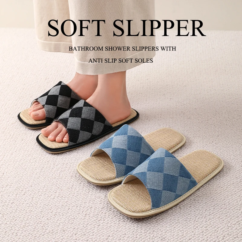

Universal Seasonal Denim Linen Slippers Indoor Home Anti-Slip Breathable Sweat Absorbent Women's Home Floor Couple Slippers