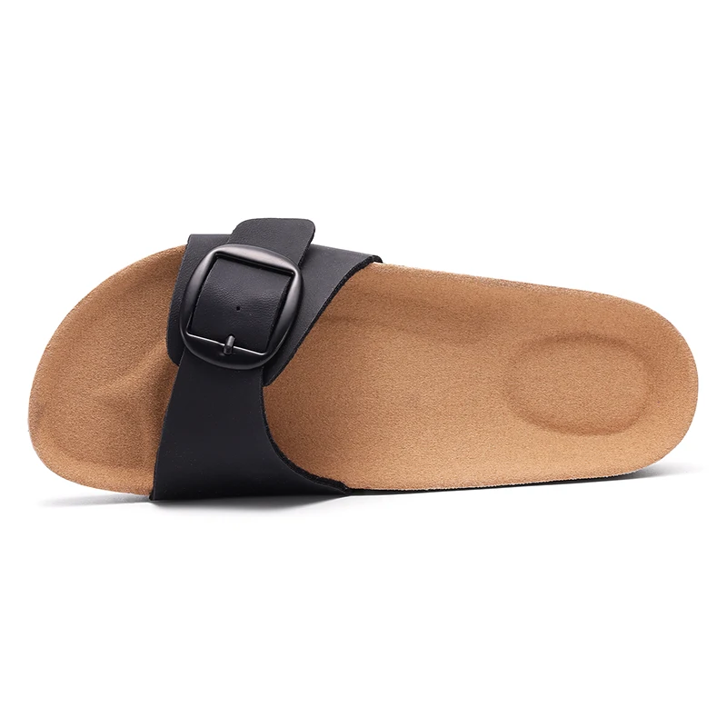 Litfun Women's Cork Sandals, Leather Flat Slides For Beach With Adjustable Buckle_voghion.com