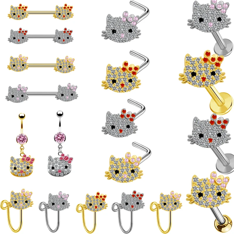 

Kittys Navel Nail Nose Pin Earrings Nose Clip Boneless Puncture Accessories Minority Kawaii Girl Birthday Present Accessories