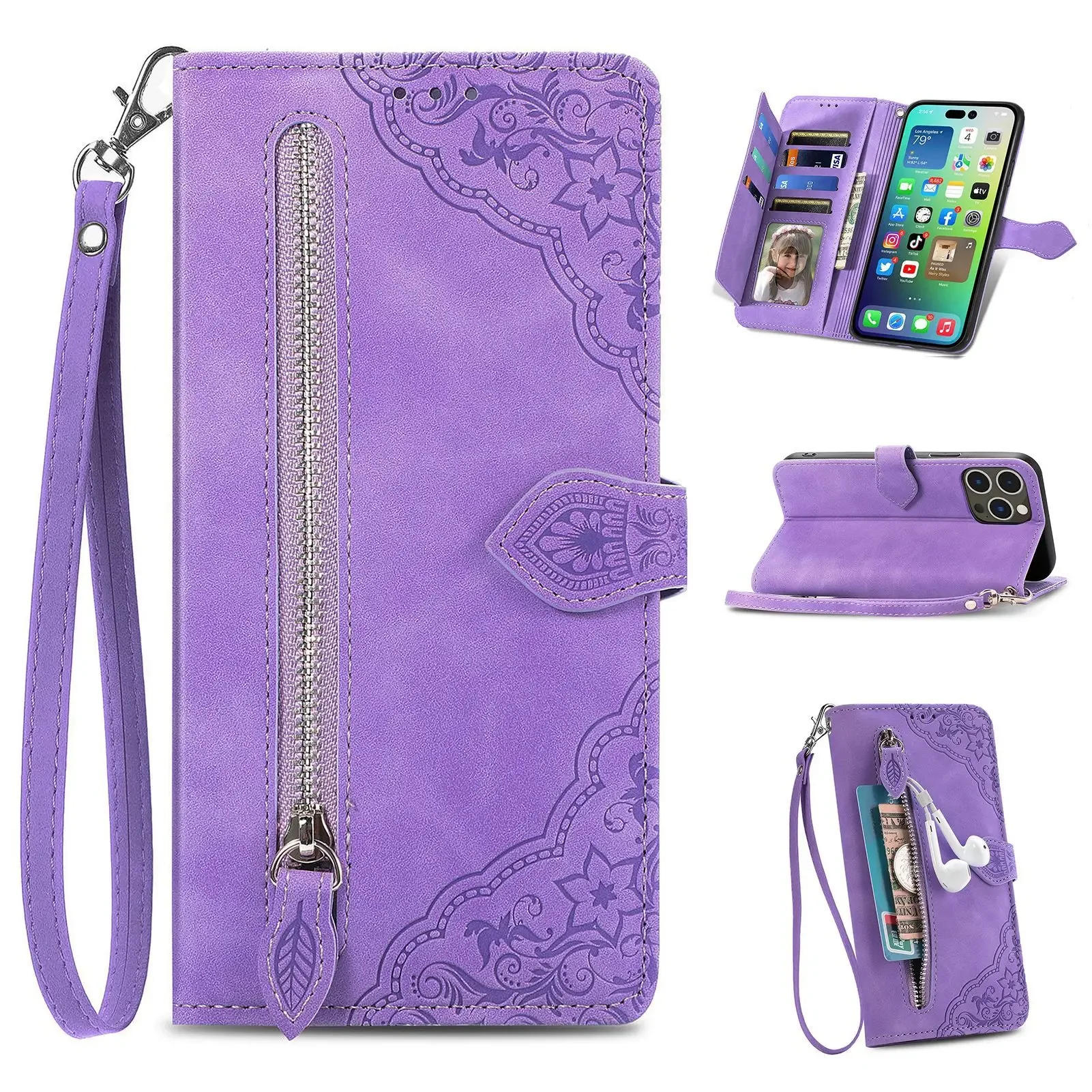 

Printed Zipper Leather Holster Shell IPhone 15 14 Pro MAX Plus 13 12 11 Flip Business Card Insertion Wallet Bracket Phone Case