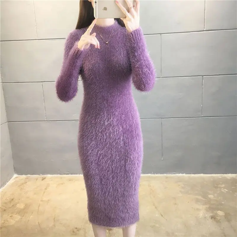 

Simplicity Fashion Dresses Autumn Winter New Women Solid Mock Neck Thicken Long Sleeve Slim Midi A-line Bag Hip Knitted Dress