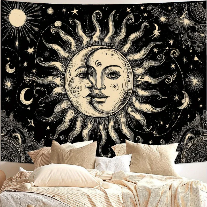 VIKAMA Mandala Sun And Moon Tapestry, Retro Bedroom And Living Room Wall Decor, Durable Polyester Home Decoration Banner