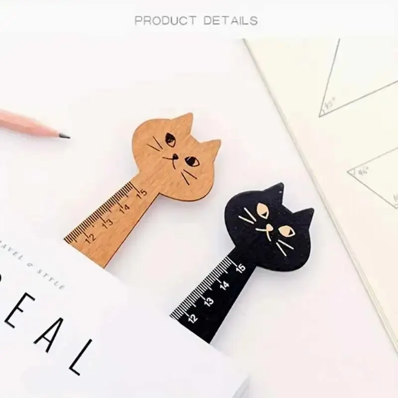 Creative Cartoon Cat Ruler Cat Drawing Ruler Cute Wooden Ruler Eco-friendly Retro Stationery Ruler Learning Supplies