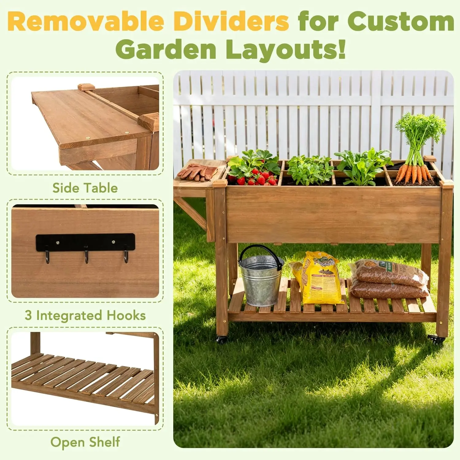 Outdoor Garden Bed with Wheels, Storage Shelf, Protective Liner, Table Ledge for Vegetable, Herb, and Flower Cultivation view 5