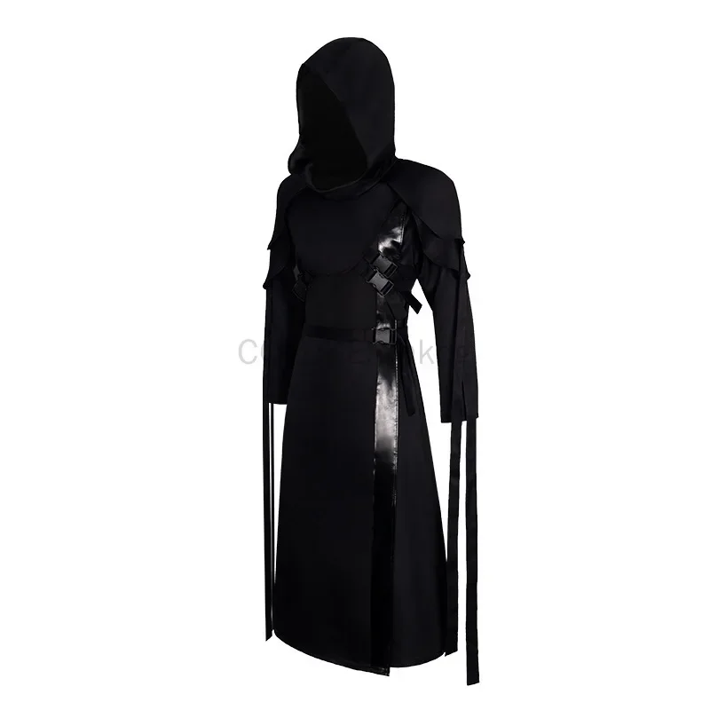 Halloween gótico preto com capuz robe vestido feminino masculino punk estilo escuro manga longa maxi vestido com alças cosplay festa outfit