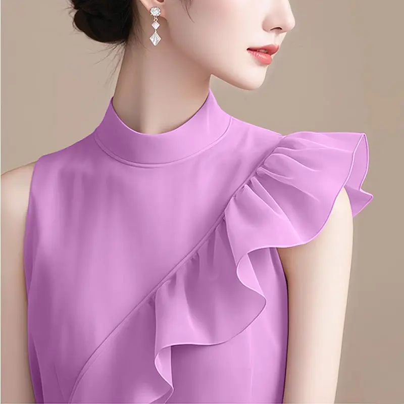 Temperament Red Chiffon Sleeveless Top French Unique Beautiful Blouse Fashionable Ruffled Patchwork Shirt for Women in Summer