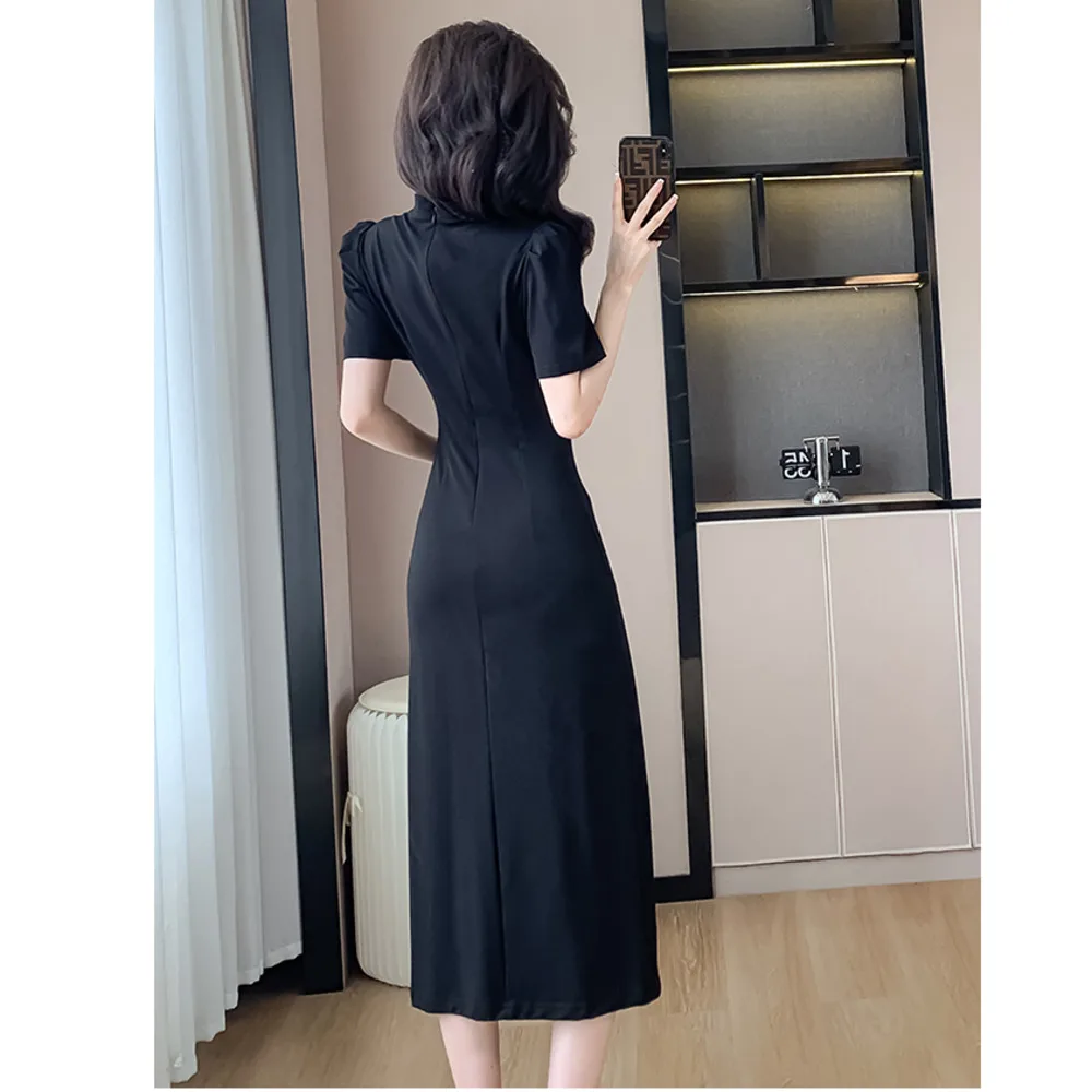 EIYOVVI 2024 Summer Chinese Style Celebrity Elegance Pleated Waist Slim Open Split Hip Wrap Mid Length Dress Elegant Office Lady