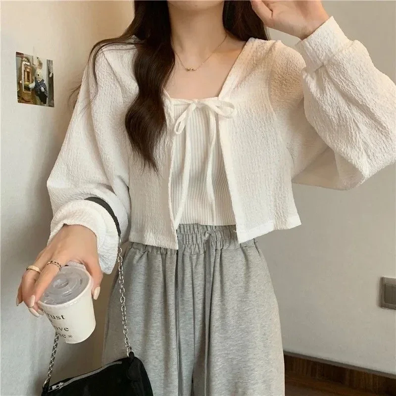 Casual Knitted Cardigan Women Fashion Thin Sunscreen Lace-Up Knitwear Tops Y2k Girls Korean Style Lantern Sleeve Cropped Coat