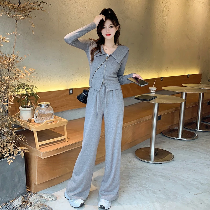 

Elegant Cotton Two-piece Set For Women Doll Collar Jacket Top And Wide Leg Pants Large Size Female Autumn Winter Black Gray Suit