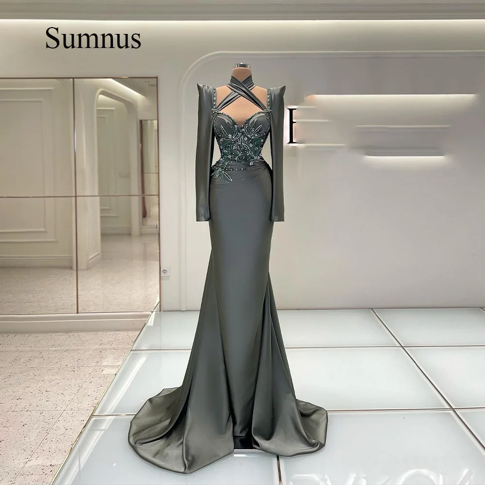 Sumnus-Robes de soirée sirène à col croisé, manches longues, perles de cristal, luxe, Dubaï, Rhde fin d'année, quelle que soit la traîne de balayage, robe de soirée, 123