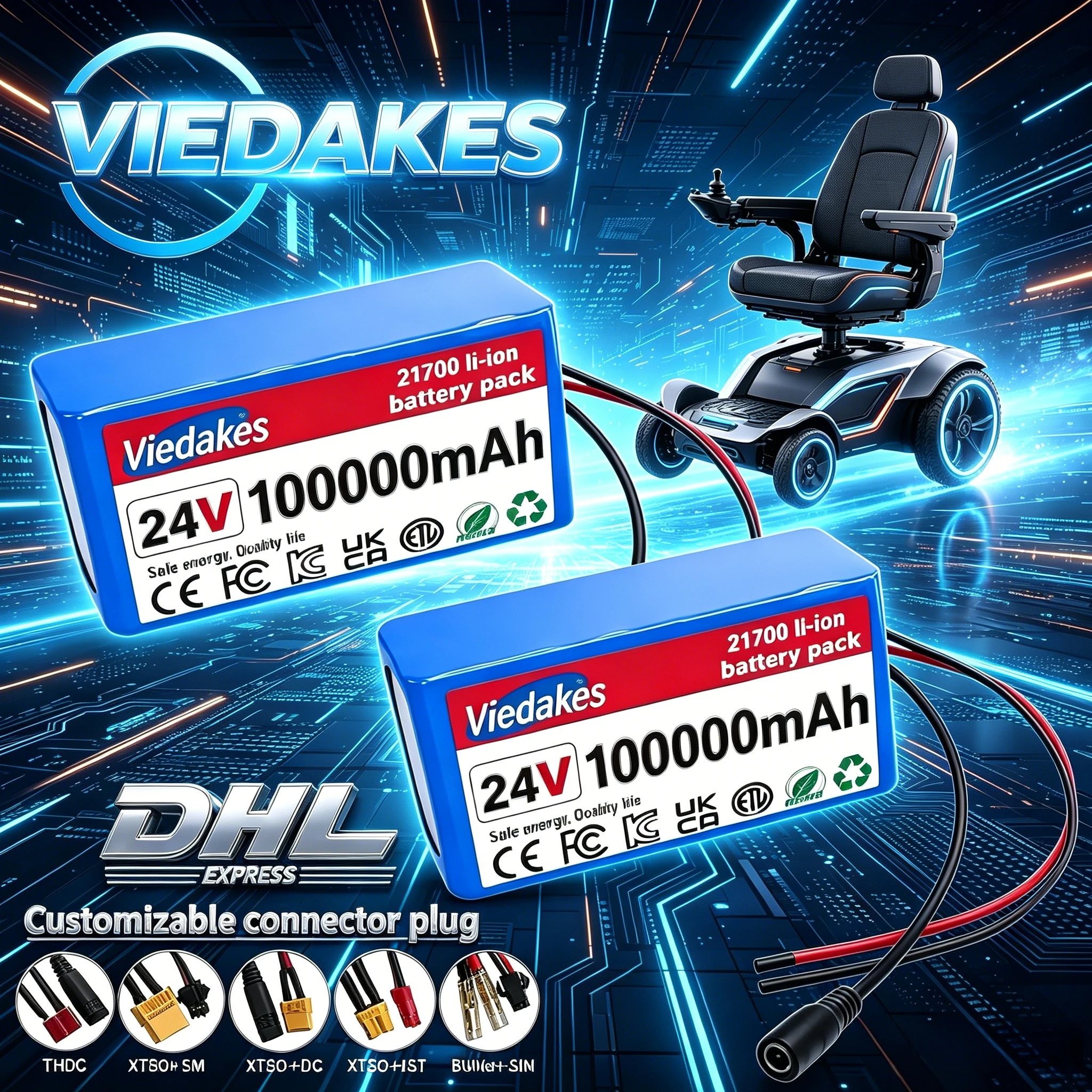 21700 Cell 24V 100Ah Battery Pack 7S3P, Smart BMS Protection, 29.4V 2A Charger Included for Kids Toy Car & Electric Wheelchair