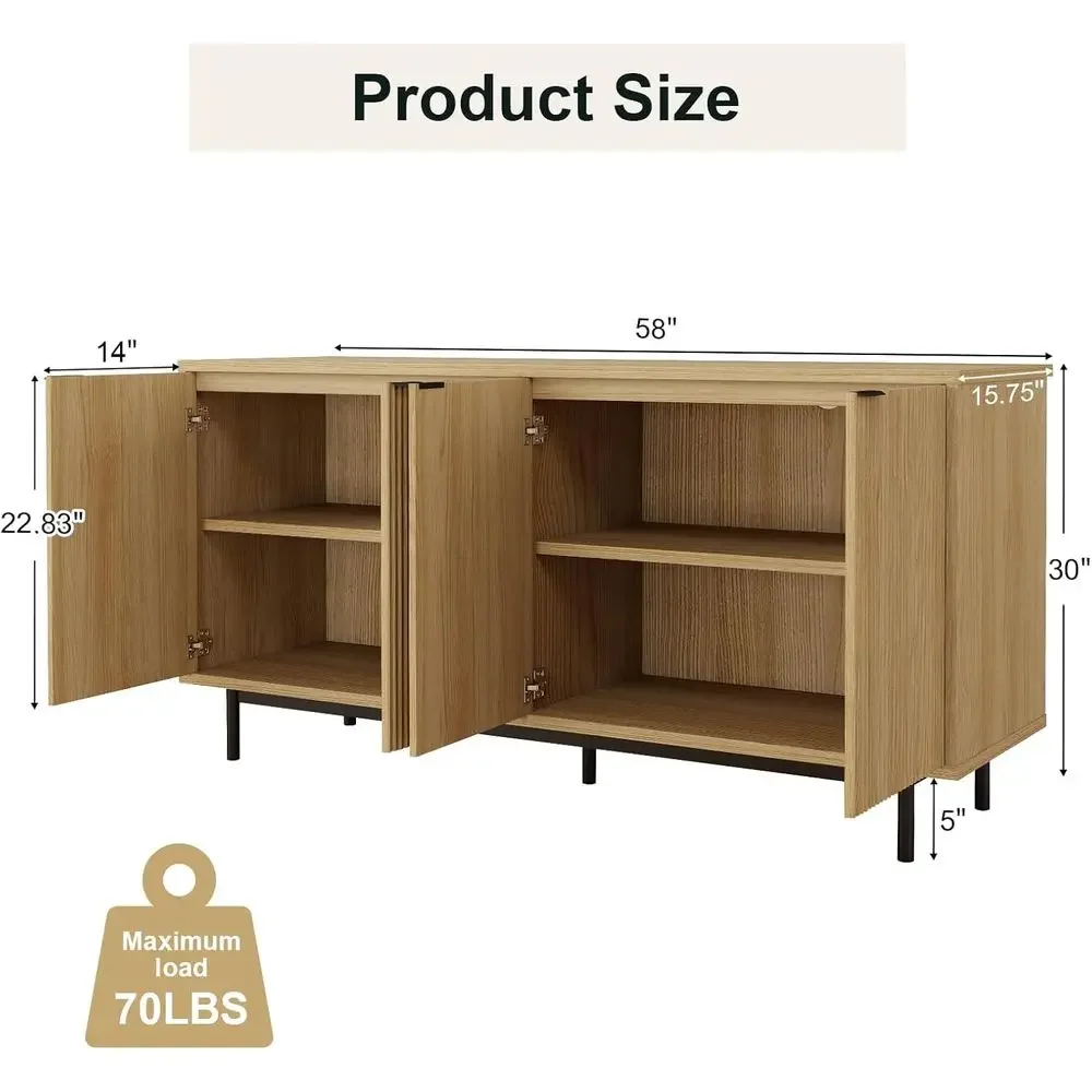 65 TV Stand with Storage Cabinets & Adjustable Shelves for Living Room, Natural Wood Finish