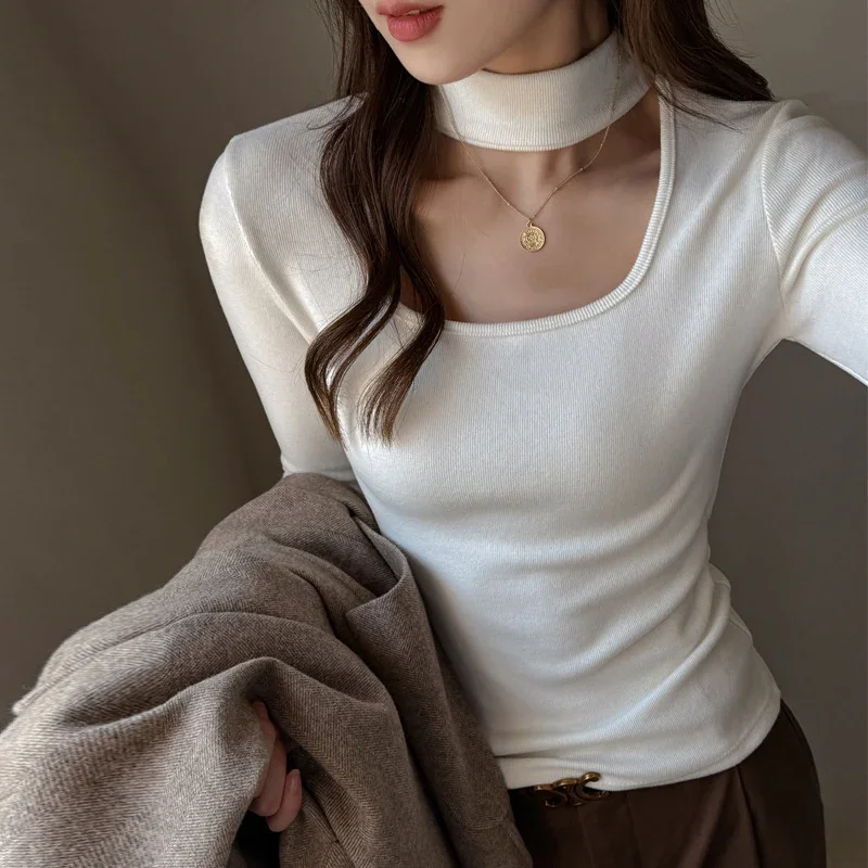 

Slimming Female T-Shirts Fashion Square Neck Long Sleeve Bottoming Shirts Elegant Faux Cashmere Warm Base Tees Chic Streetwear