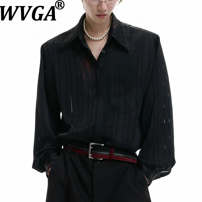 

WVGA Spring Autumn New Men Tide Striped Printed Trendy Cardigan Top Niche Chic Casual Turn-Down Collar Long Sleeve Shirts W17672