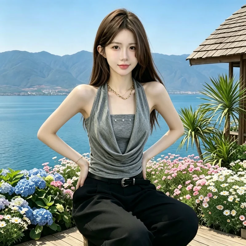Pure Desire Sexy Neck Hanging Vest Strap Women's Summer New Sleeveless Shoulder Exposure Beautiful Back Short Top
