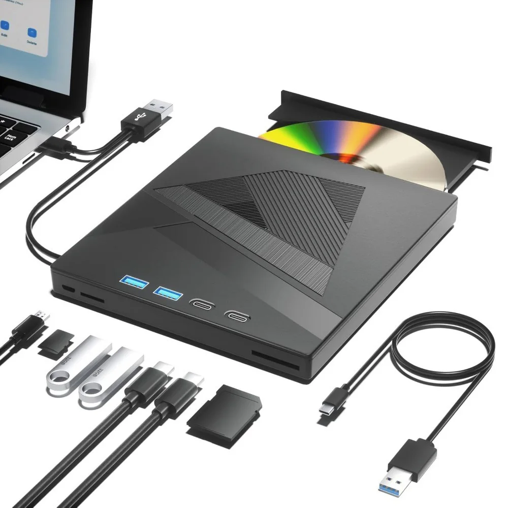 

Внешний привод для компакт-дисков и DVD с 4 портами USB и слотами для карт памяти TF/SD, записывающее устройство для записи компакт-дисков/DVD, плеер, совместимый с Windows Linux MacOS