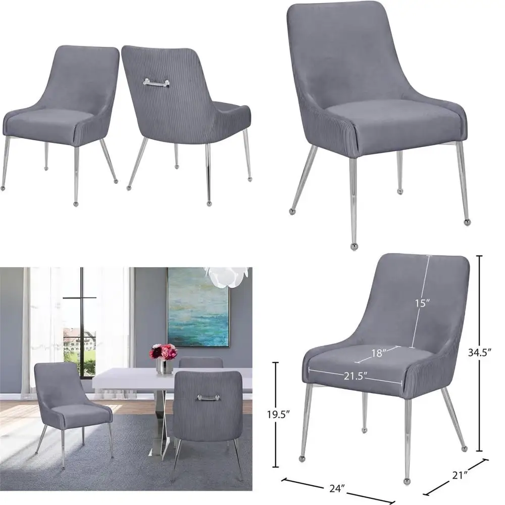 طقم كراسي طعام مخملية باللون الرمادي مكون من قطعتين مع أرجل كروم، تصميم عصري أنيق لغرف الطعام