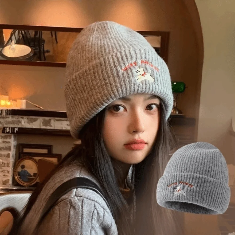 

Fashion Puppy Embroidery Winter Knitted Hat Thicken Winter Warm Beanie Cap Windproof Soft Crochet Bonnet Hat