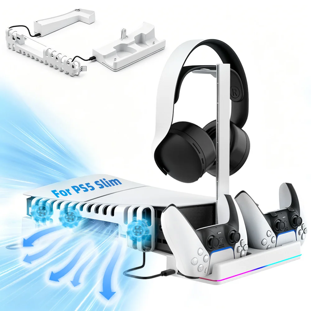 Horizontal Cooling Stand for PS5 Slim PS5 Pro Base Accessorie with Controller Station Headset Holder USB3 Hub All-in-one Storage