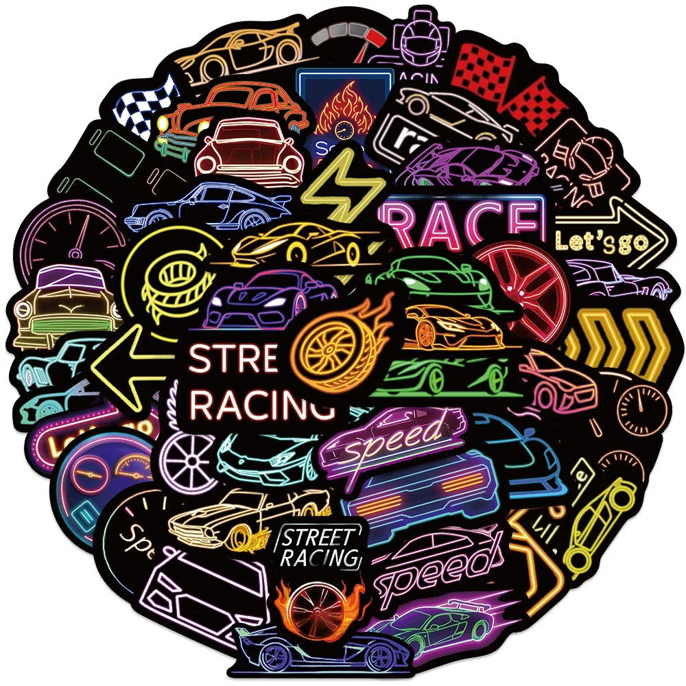 10/30/50pcs Neon Light JDM Racing Car Stickers Cool Cartoon Decals DIY Diary Journal Notebook Waterproof Reward Graffiti Sticker