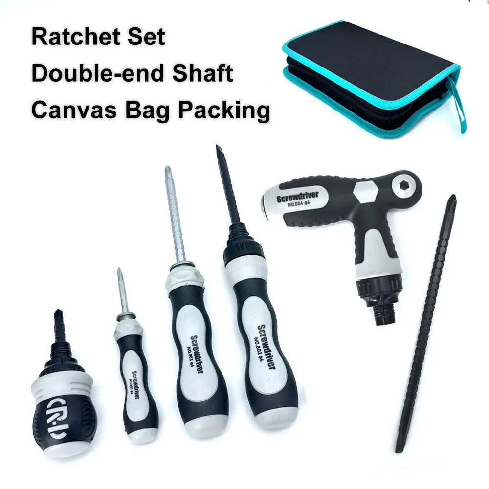 5PCS Ratchet Screwdriver Set Black‑Grey Handles with T‑Grip Double Ended Blades PH2 Canvas Zipper Storage Bag for Daily Work