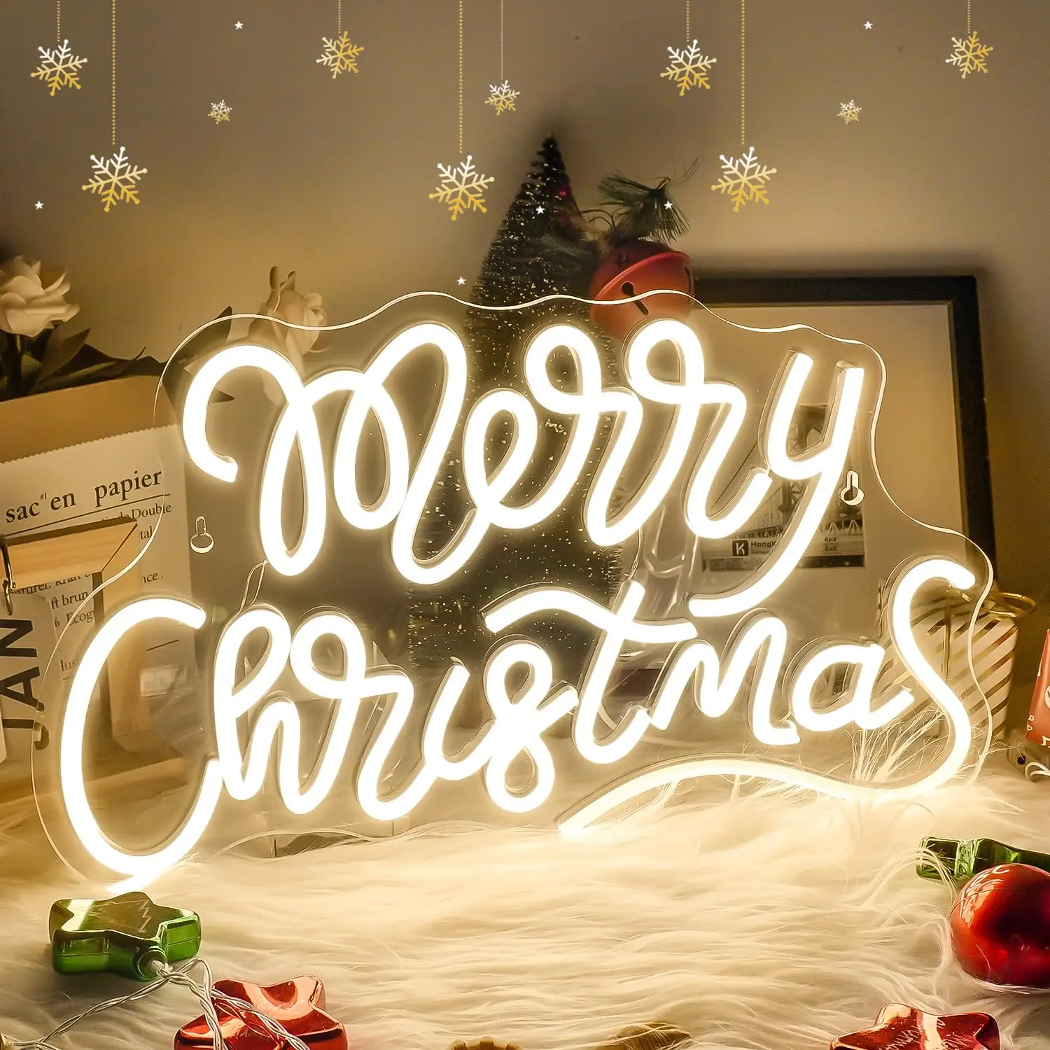 Merry Christmas Neon Sign, Dimmable Switch USB Connectivity, Warm White LED Christmas Lights for Wall Decor