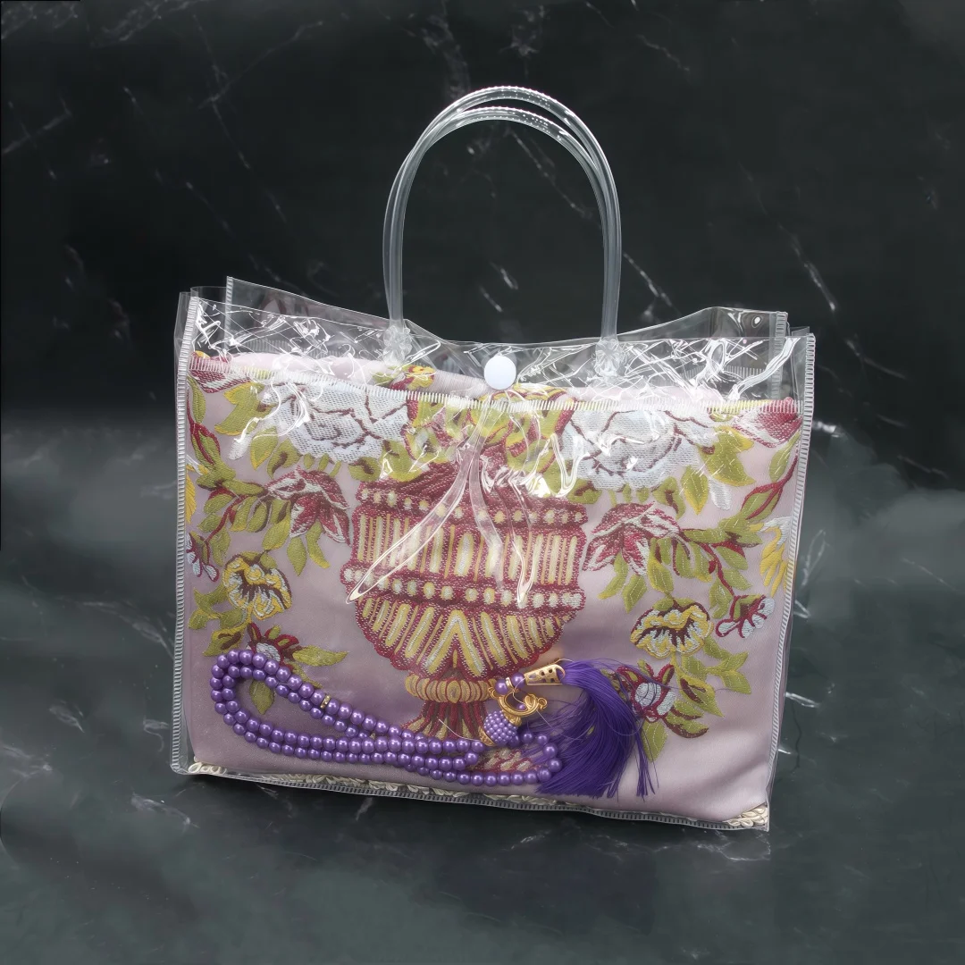 Imitation Silk Embroidered Hand Storage Bag Prayer Rug, 3D Embroidery Pattern, Exquisite Edge Finishing, Foldable Prayer Mat