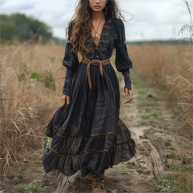

2025 Autumn Long Sleeved Pleated Bohemian Dress Casual Rural Loose Maxi Dresses Retro Pattern Printed Deep V Neck Women's Dress