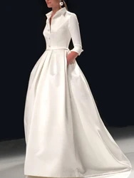 Elegant A Line Maxi Wedding Dress Women Solid Party Evening Bridesmaid Long Dress Pockets Turndown Collar Women Vestidos