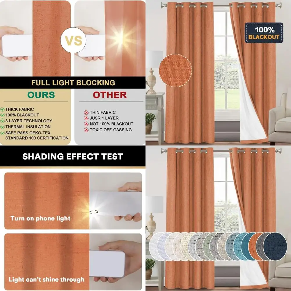 

84 Linen Blackout Curtains, 100% Blockout Textured Panels with White Lining, Anti-Rust Grommets, Orange, 2 Pack for Living Room,
