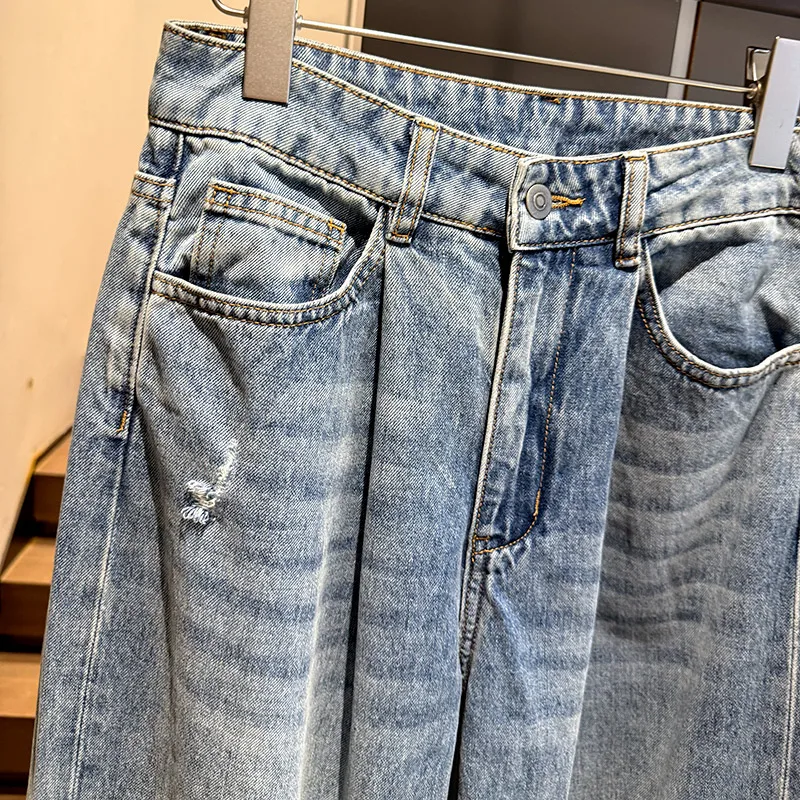 Light blue washed ripped cat whiskers, thin and wide jeans, new for women's autumn and winter