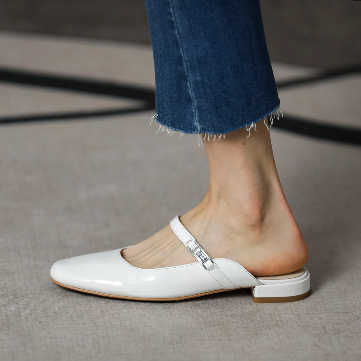 

Woman Mules Genuine Leather Patent Leatehr Women Shoes Ladies Muller Round Toe Spring Slippers Slip-On Comfort Simple Flats