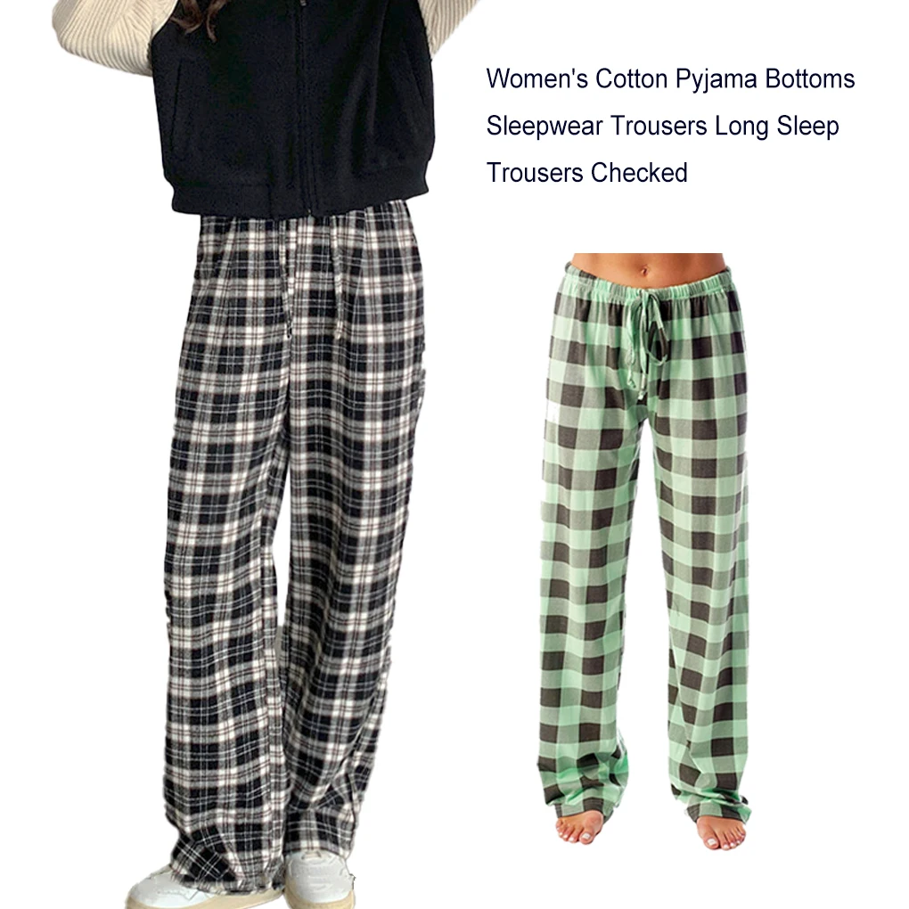 Women Ladies Pajamas Pants Plaid Breathable Casual Style Elastic Long Drawstring Trousers Underwear M Size Home