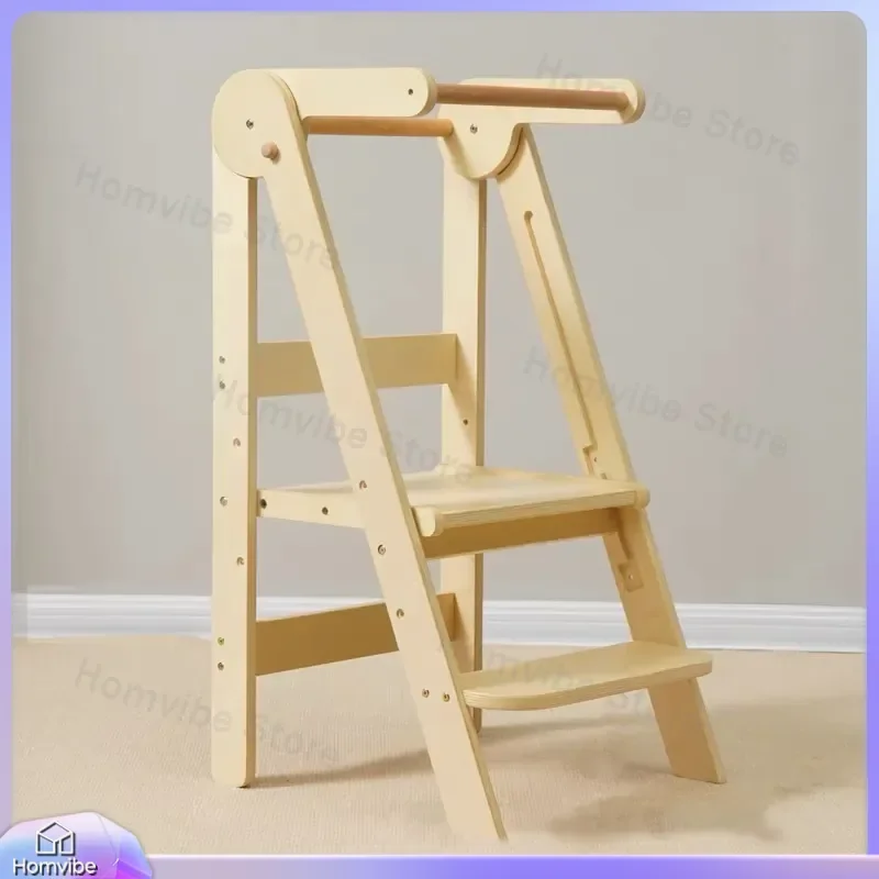 Multifunctional Solid Wood Folding Learning Tower for Kids Montessori Anti Slip Step Stool Baby Kitchen Helper Chair Wooden
